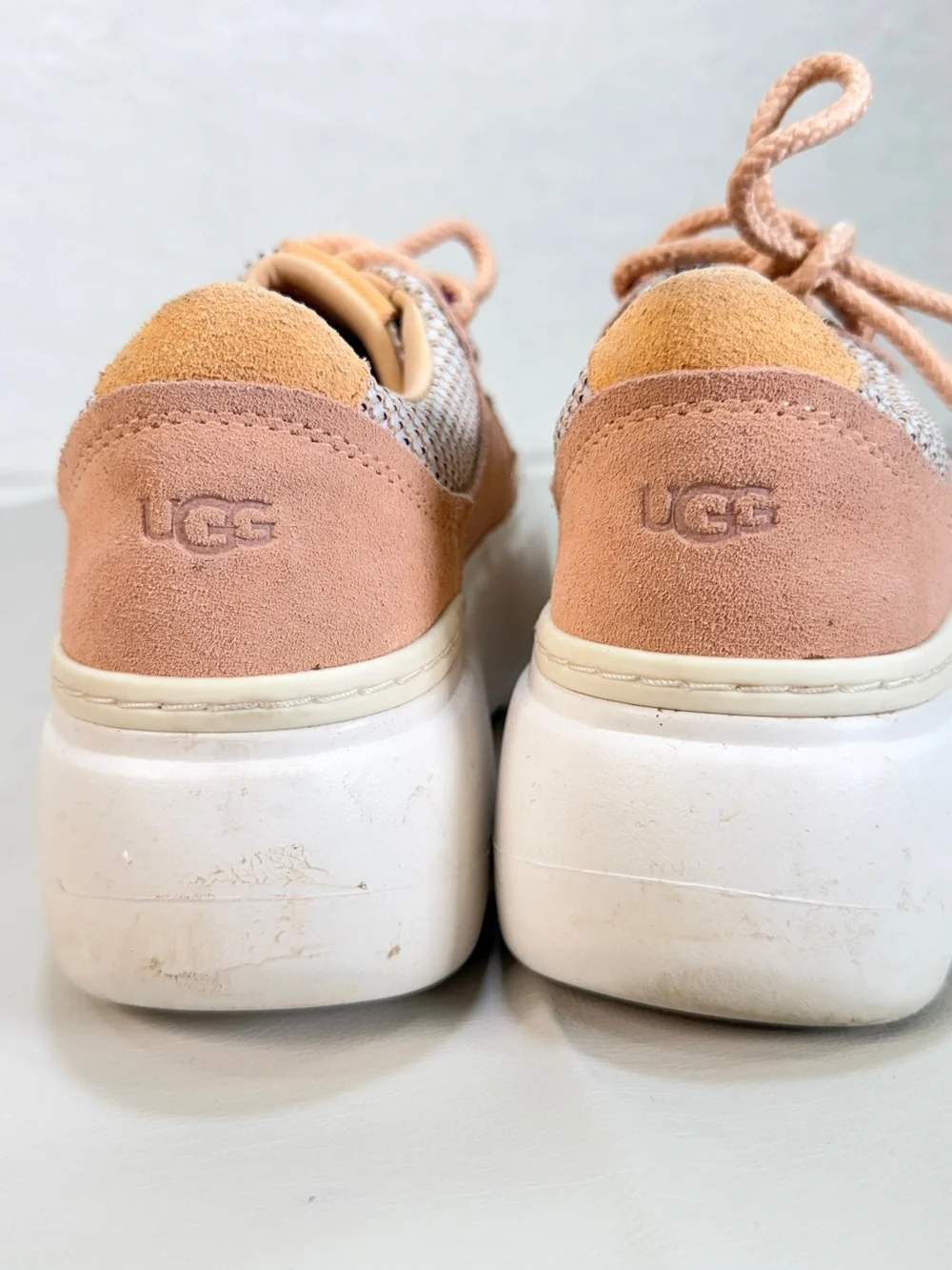 UGG Marin Mega Lace Platform Sneakers Womens Size 7 Peach Beige Suede Chunky